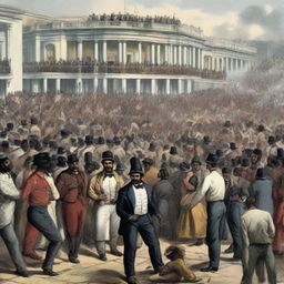 A momentous event from March 24th, 1854, when abolition of slavery was decreed in Venezuela. Elevated sense of emotional fervor and jubilant crowds should be visible.