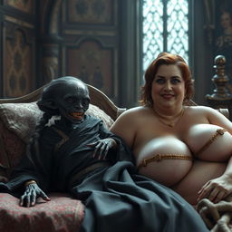 Lying on a medieval bed in a richly decorated medieval room, a small, emaciated black African female goblin with very dark skin and rotten teeth is dressed in a long, fully closed Buddhist cloak