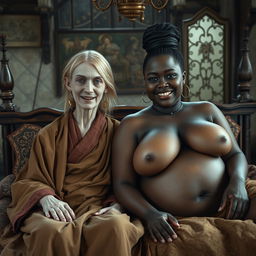 In a medieval bedroom, richly adorned with historical decor, two striking figures are resting on a beautifully crafted bed