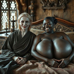 In a medieval bedroom, richly adorned with historical decor, two striking figures are resting on a beautifully crafted bed