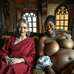 In a medieval bedroom, rich in historical decor, two striking figures are reclining on a beautifully crafted bed