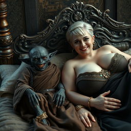 In a medieval bedroom, two figures are lying on an intricately designed bed