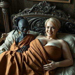 In a medieval bedroom, two figures are lying on an intricately designed bed