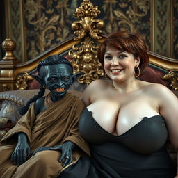 In a luxuriously decorated medieval noble bedroom, two figures are lying on an ornate bed