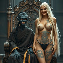 In a medieval room, a black-skinned female goblin, emaciated at 35 years old, sits on a grand medieval throne
