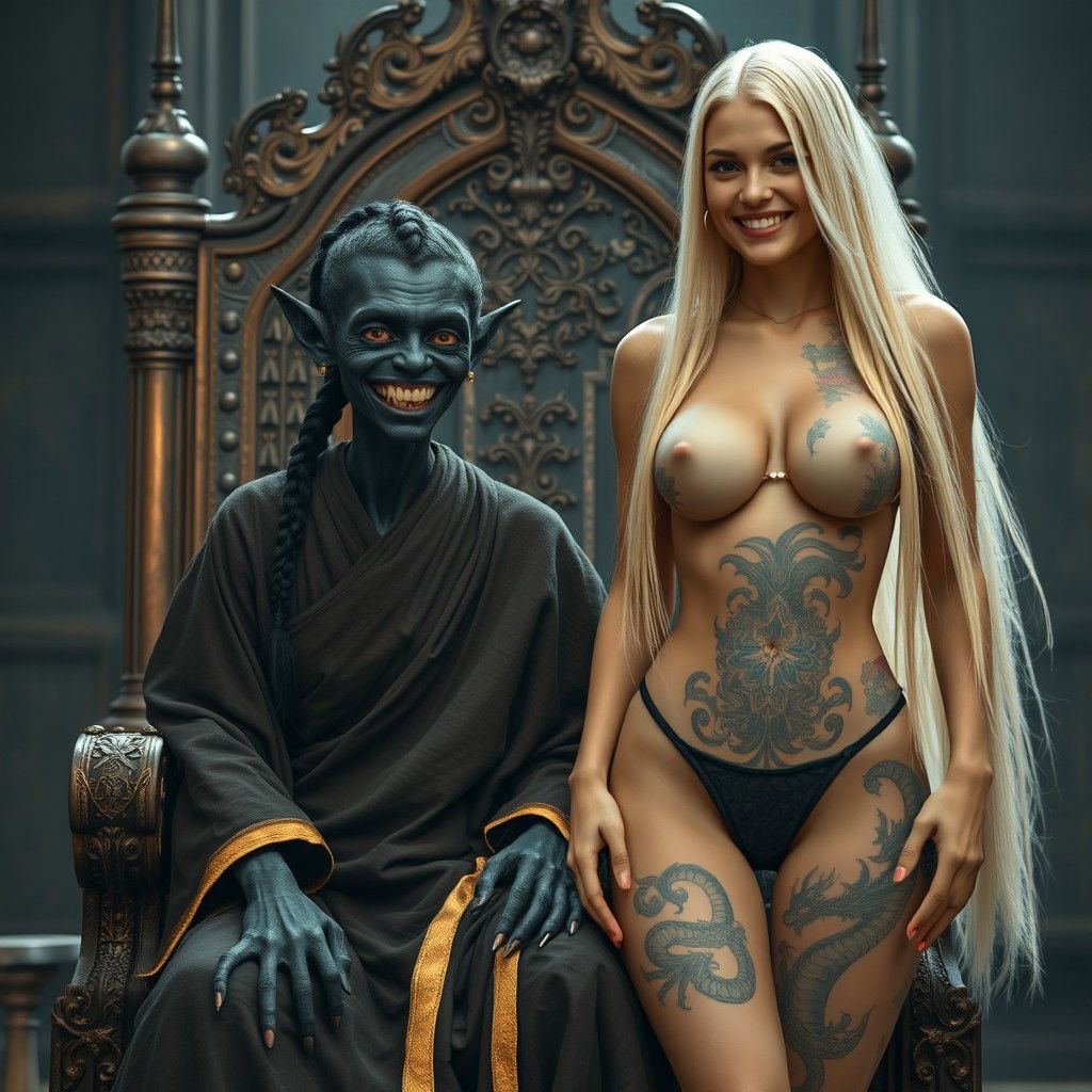 In a medieval room, a black-skinned female goblin, emaciated at 35 years old, sits on a grand medieval throne