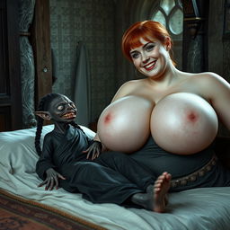 In a medieval bedroom, a tiny black female goblin, very small and malnourished with sharp, rotting teeth, lies on a bed