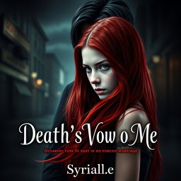 A dramatic and captivating book cover for a Wattpad story titled 'Death's Vow to Me,' featuring a 16-year-old girl with long flowing red hair, pale white skin, and a small stature, looking conflicted and distant