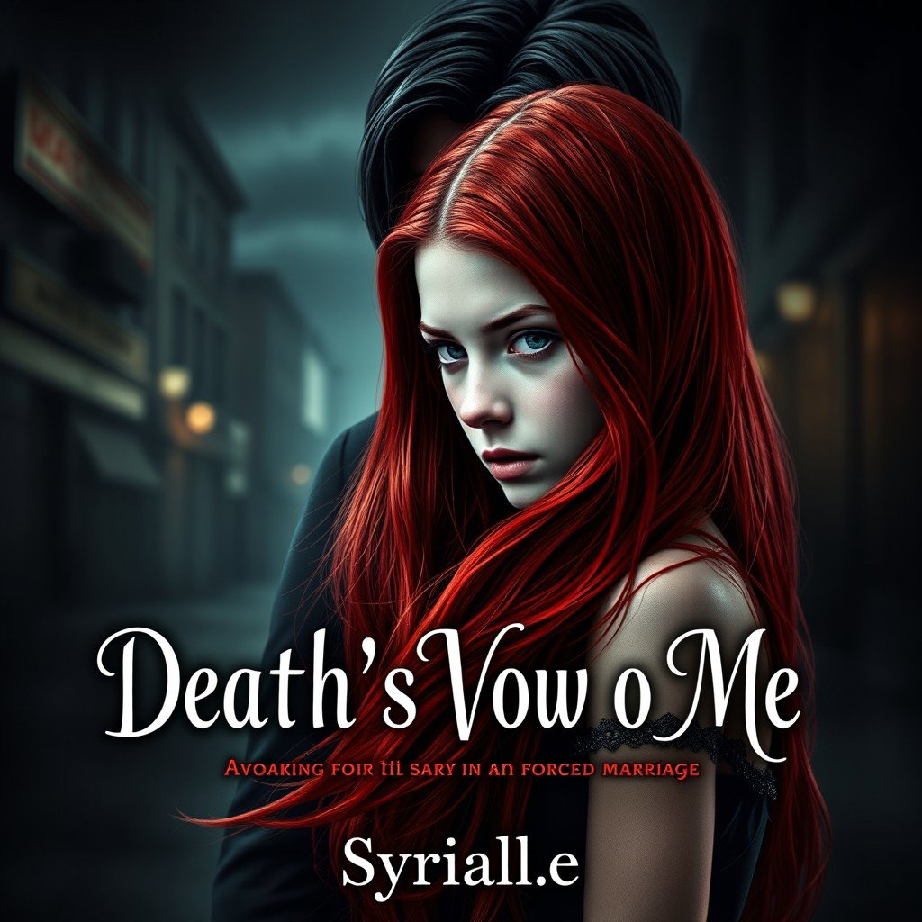 A dramatic and captivating book cover for a Wattpad story titled 'Death's Vow to Me,' featuring a 16-year-old girl with long flowing red hair, pale white skin, and a small stature, looking conflicted and distant
