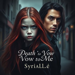 A dramatic and captivating book cover for a Wattpad story titled 'Death's Vow to Me,' featuring a 16-year-old girl with long flowing red hair, pale white skin, and a small stature, looking conflicted and distant