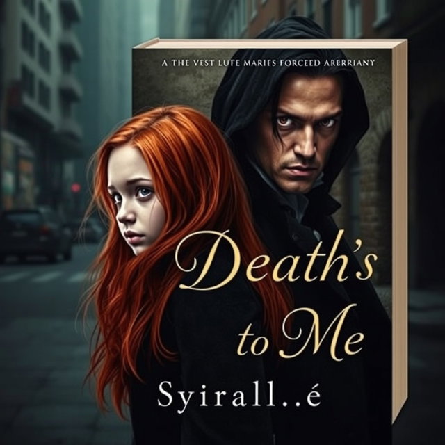A dramatic and captivating book cover for a Wattpad story titled 'Death's Vow to Me,' featuring a 16-year-old girl with long flowing red hair, pale white skin, and a small stature, looking conflicted and distant