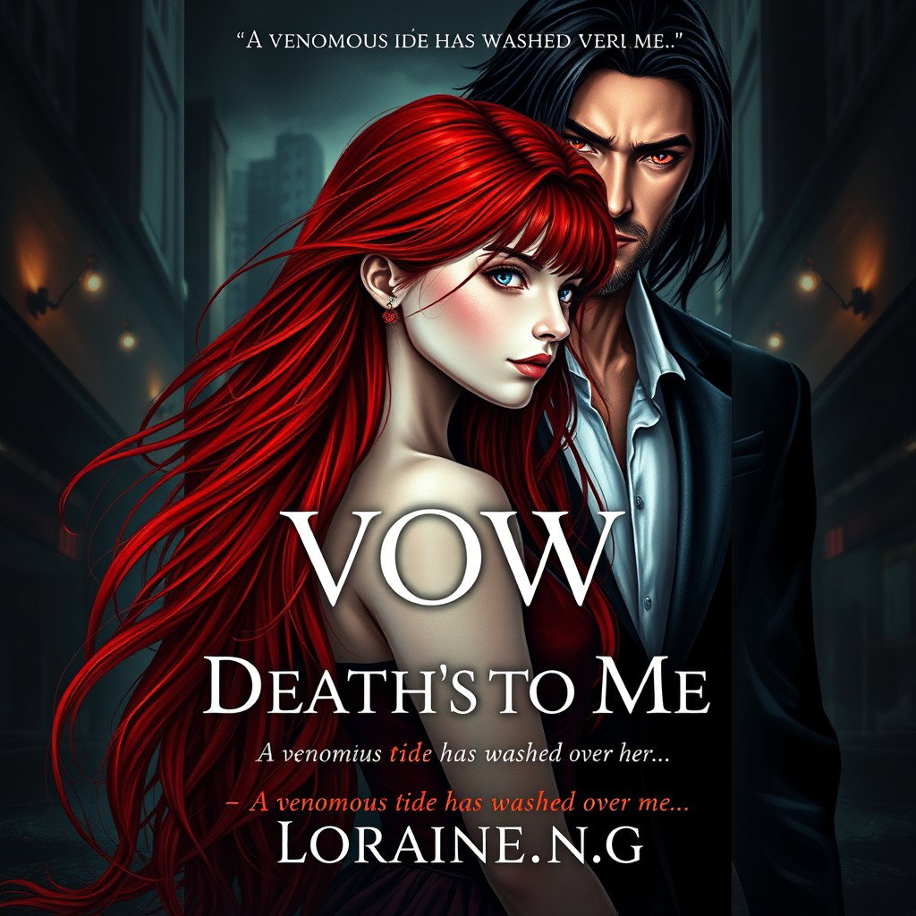 A stunning and dramatic book cover for a Wattpad story titled 'Death's Vow to Me,' featuring a 16-year-old girl character with long flowing red hair, pale white skin, and a petite frame, exuding a sense of conflict and vulnerability