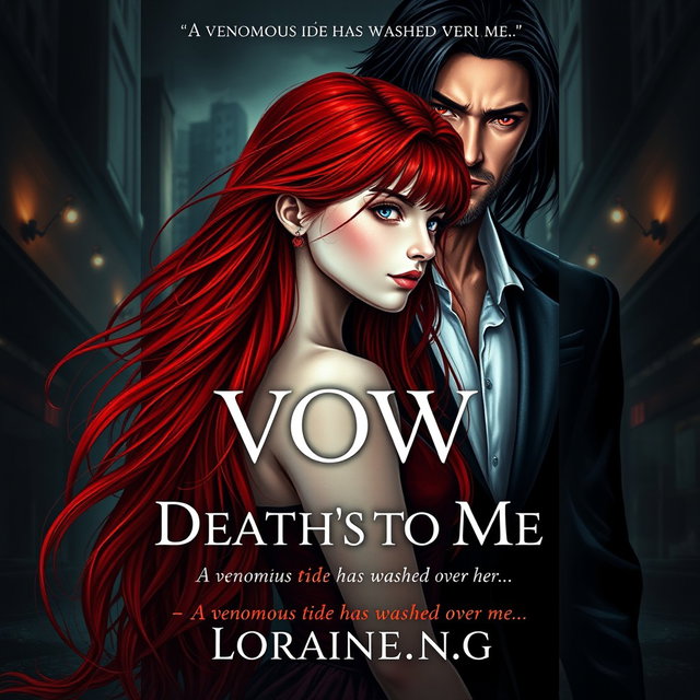 A stunning and dramatic book cover for a Wattpad story titled 'Death's Vow to Me,' featuring a 16-year-old girl character with long flowing red hair, pale white skin, and a petite frame, exuding a sense of conflict and vulnerability