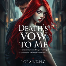 A stunning and dramatic book cover for a Wattpad story titled 'Death's Vow to Me,' featuring a 16-year-old girl character with long flowing red hair, pale white skin, and a petite frame, exuding a sense of conflict and vulnerability