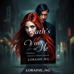 A stunning and dramatic book cover for a Wattpad story titled 'Death's Vow to Me,' featuring a 16-year-old girl character with long flowing red hair, pale white skin, and a petite frame, exuding a sense of conflict and vulnerability