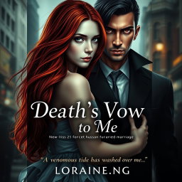 A stunning and dramatic book cover for a Wattpad story titled 'Death's Vow to Me,' featuring a 16-year-old girl character with long flowing red hair, pale white skin, and a petite frame, exuding a sense of conflict and vulnerability