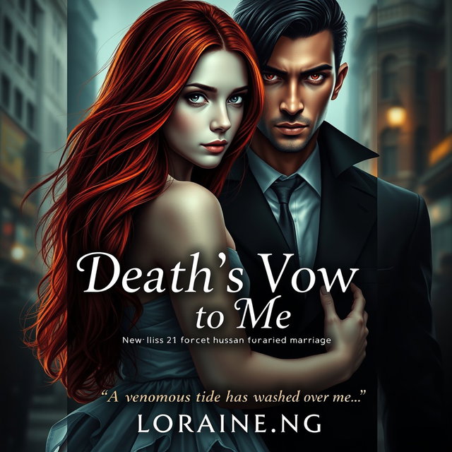 A stunning and dramatic book cover for a Wattpad story titled 'Death's Vow to Me,' featuring a 16-year-old girl character with long flowing red hair, pale white skin, and a petite frame, exuding a sense of conflict and vulnerability