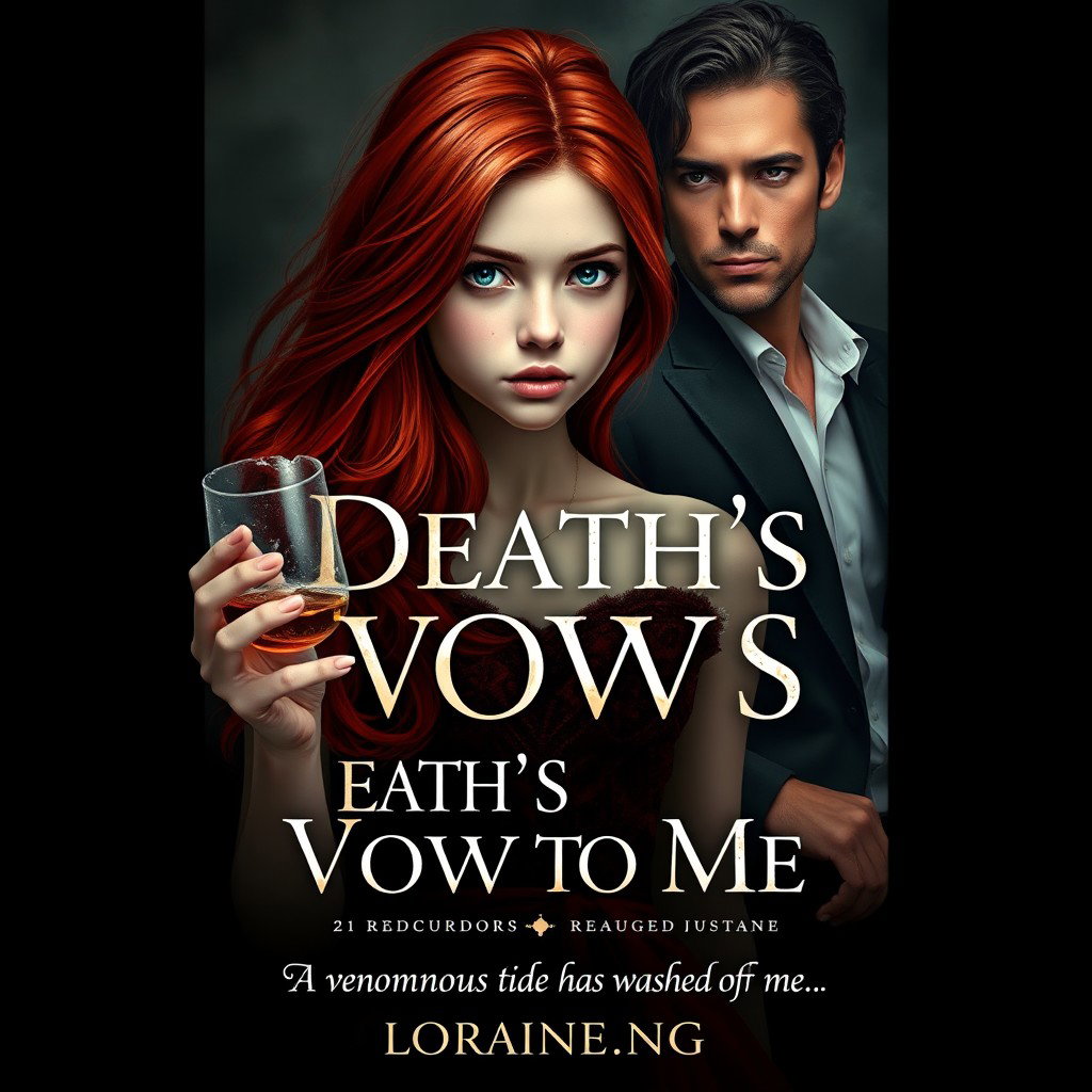 A striking book cover for a Wattpad story titled 'Death's Vow to Me,' featuring a 16-year-old girl with long flowing red hair and pale white skin