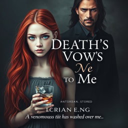 A striking book cover for a Wattpad story titled 'Death's Vow to Me,' featuring a 16-year-old girl with long flowing red hair and pale white skin