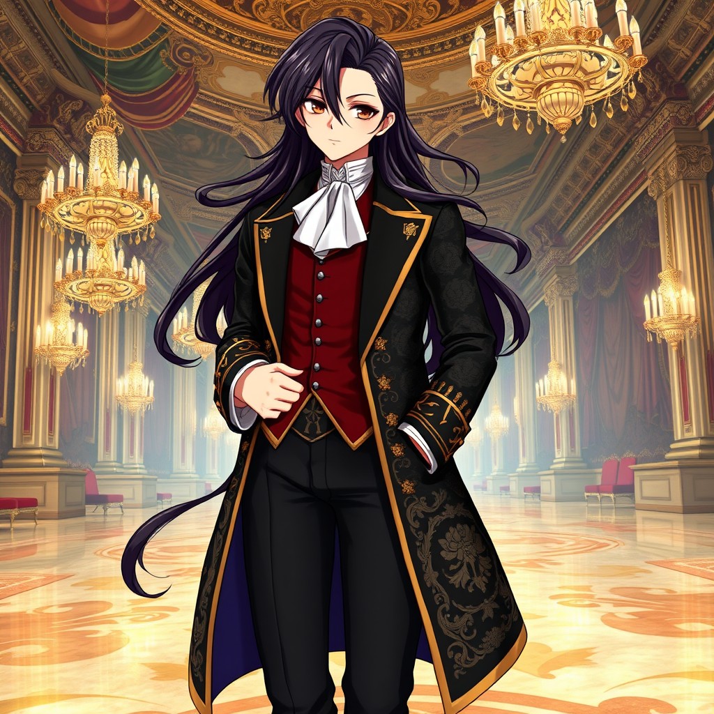 An exquisite anime character with long, silky dark hair styled elegantly with soft waves, reflecting the aristocratic fashion of the 18th century