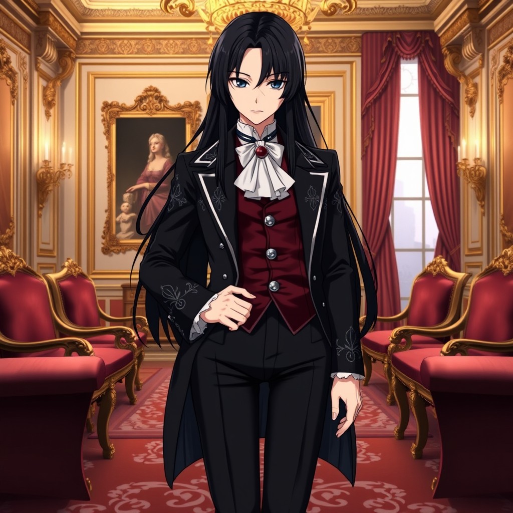 A striking anime character with long, straight dark hair that flows elegantly over their shoulders, styled in a fashionable manner characteristic of the 18th century