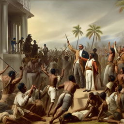 A historical moment on March 24, 1854 in Venezuela with José Gregorio Monagas decreeing the abolition of slavery. Let the atmosphere resonate with triumphant relief and hope.