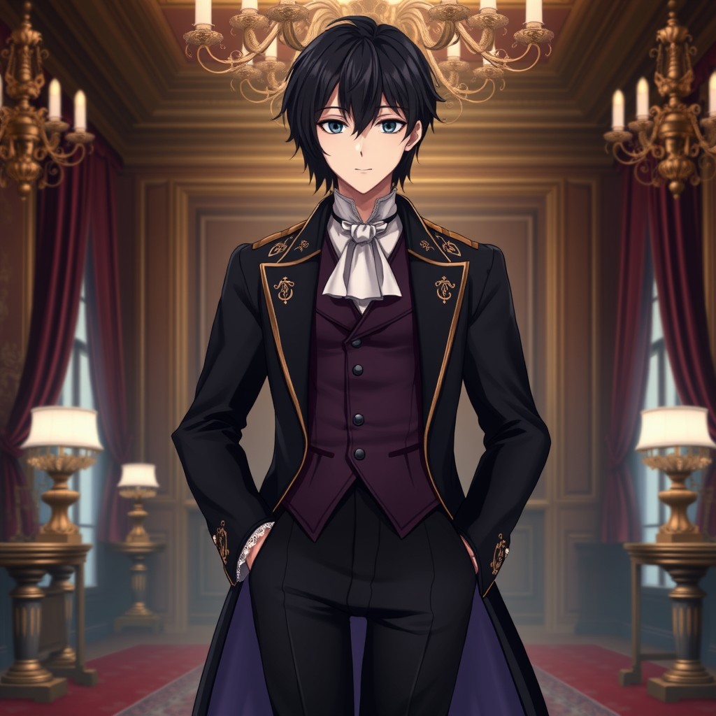A captivating anime character with dark shoulder-length hair styled in a neat and sophisticated manner, perfectly fitting the aristocratic fashion of the 18th century