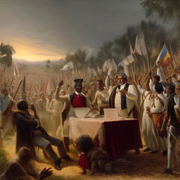 A historical moment on March 24, 1854 in Venezuela with José Gregorio Monagas decreeing the abolition of slavery. Let the atmosphere resonate with triumphant relief and hope.