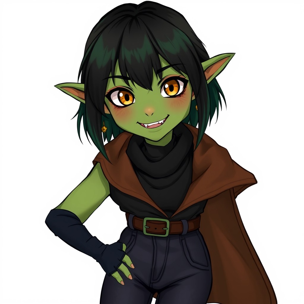 An anime goblin woman with dirty-yellowish eyes and a strangely soft facial expression, featuring vibrant green skin