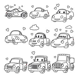 A collection of simple and fun car illustrations designed for coloring, featuring various types of cars such as race cars, convertibles, and trucks with large outlines