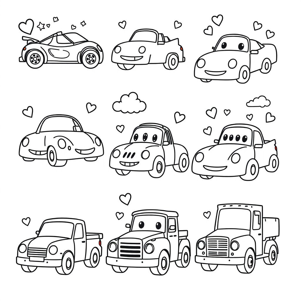 A collection of simple and fun car illustrations designed for coloring, featuring various types of cars such as race cars, convertibles, and trucks with large outlines