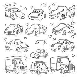 A collection of simple and fun car illustrations designed for coloring, featuring various types of cars such as race cars, convertibles, and trucks with large outlines