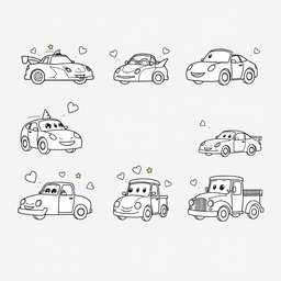 A collection of simple and fun car illustrations designed for coloring, featuring various types of cars such as race cars, convertibles, and trucks with large outlines