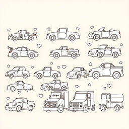 A collection of simple and fun car illustrations designed for coloring, featuring various types of cars such as race cars, convertibles, and trucks with large outlines