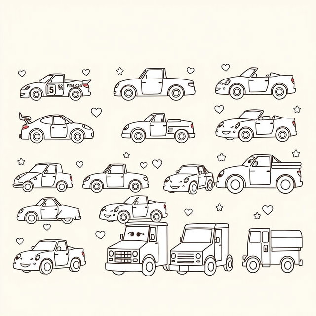 A collection of simple and fun car illustrations designed for coloring, featuring various types of cars such as race cars, convertibles, and trucks with large outlines