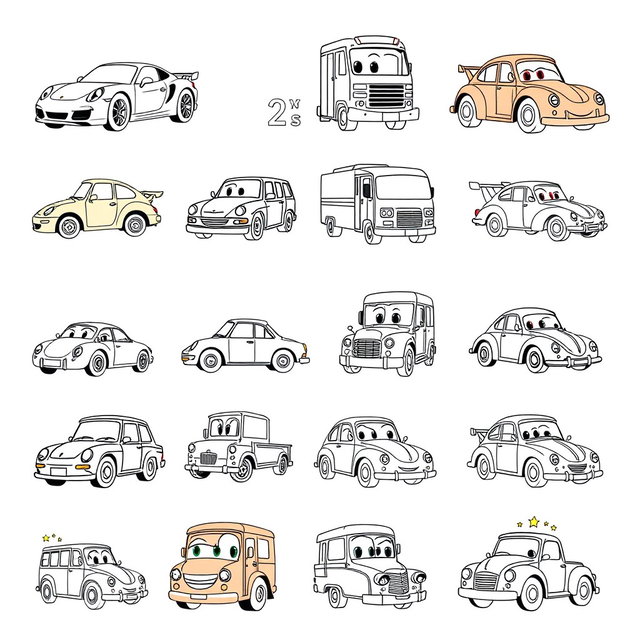 Twenty-five individual images of cartoon-style cars designed for coloring, each featuring a different type of car such as sports cars, trucks, buses, and classic cars