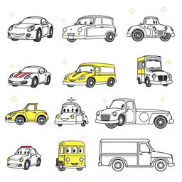 Twenty-five individual images of cartoon-style cars designed for coloring, each featuring a different type of car such as sports cars, trucks, buses, and classic cars