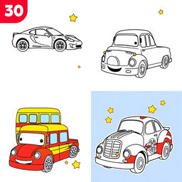 Twenty-five individual images of cartoon-style cars designed for coloring, each featuring a different type of car such as sports cars, trucks, buses, and classic cars