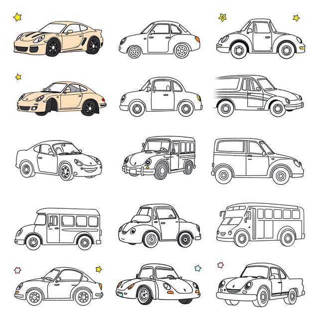 Twenty-five individual images of cartoon-style cars designed for coloring, each featuring a different type of car such as sports cars, trucks, buses, and classic cars