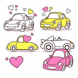Twenty-five separate coloring pages featuring a single cartoon-style car on each page, designed for young children