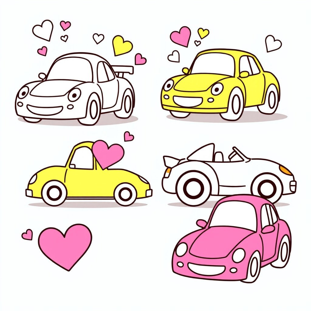 Twenty-five separate coloring pages featuring a single cartoon-style car on each page, designed for young children