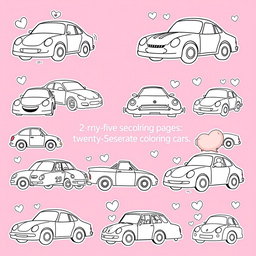 Twenty-five separate coloring pages featuring a single cartoon-style car on each page, designed for young children