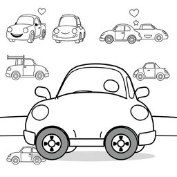 Twenty-five separate coloring pages featuring a single cartoon-style car on each page, designed for young children