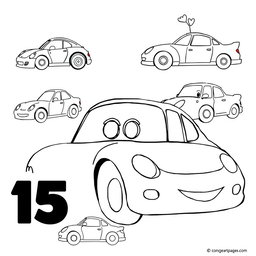Twenty-five separate coloring pages featuring a single cartoon-style car on each page, designed for young children
