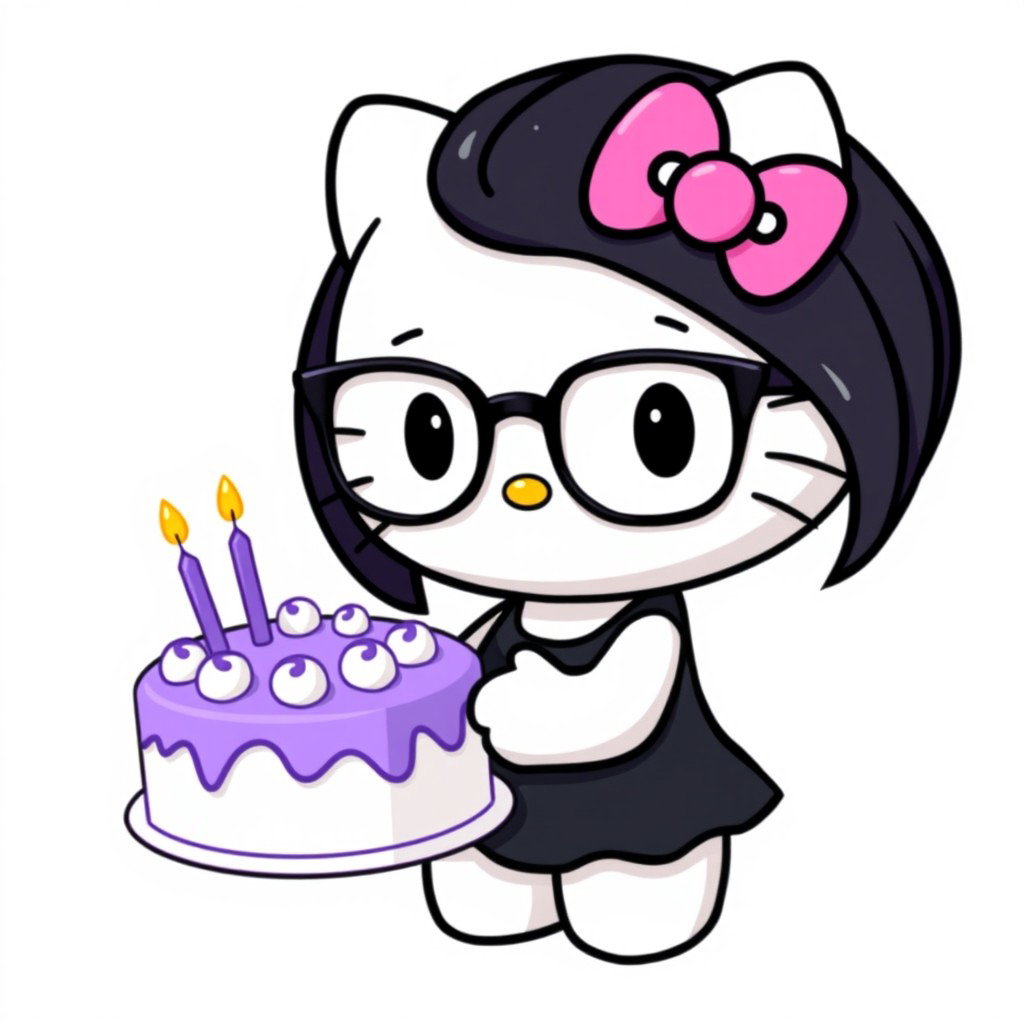 Hello Kitty wearing glasses, with long black hair, holding a violet birthday cake