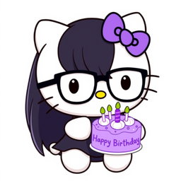 Hello Kitty wearing glasses, with long black hair, holding a violet birthday cake