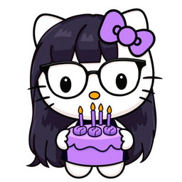Hello Kitty wearing glasses, with long black hair, holding a violet birthday cake