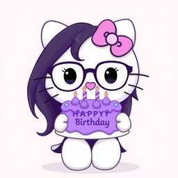 Hello Kitty wearing glasses, with long black hair, holding a violet birthday cake