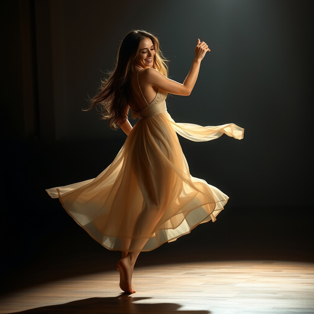 A beautiful woman gracefully dancing in a dimly lit room, wearing a flowing, elegant dress that swirls around her as she moves