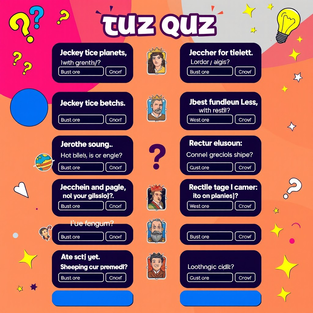 A visually engaging quiz layout with colorful graphics, featuring various trivia questions